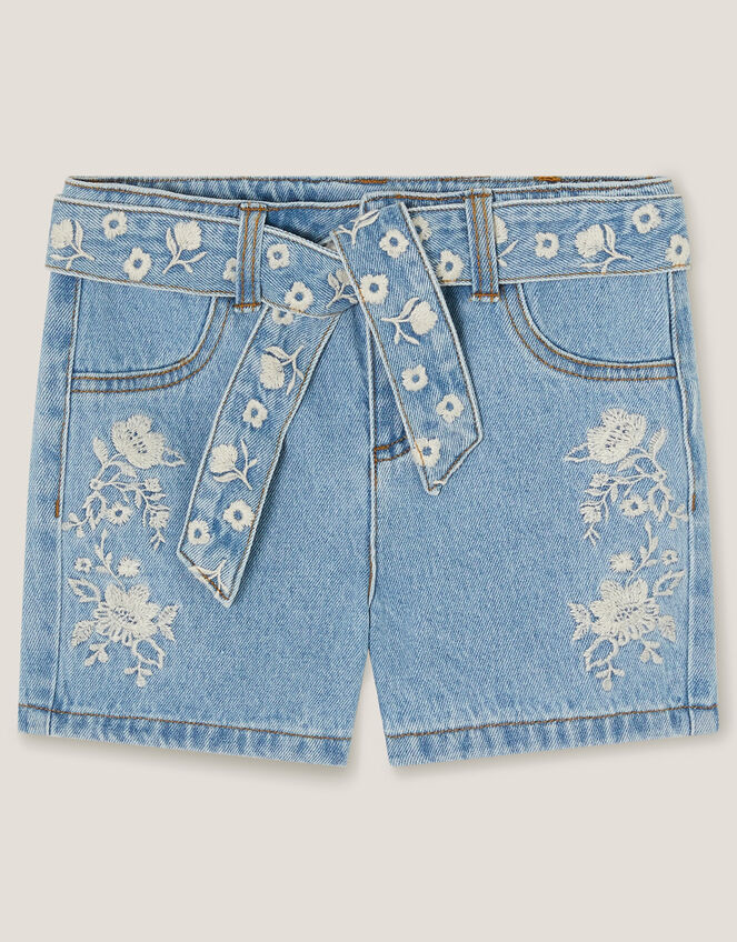 Floral Embroidered Belted Denim Shorts, Blue (BLUE), large