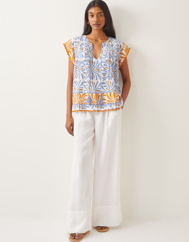 Cece Woodblock Print Top Blue