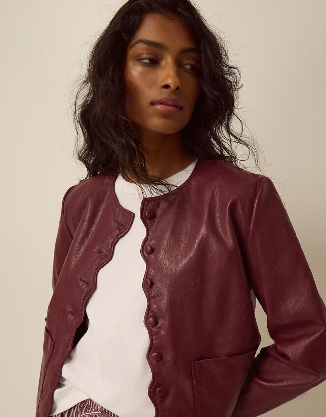 Penelope Scallop Faux Leather Jacket, Red (BERRY), large