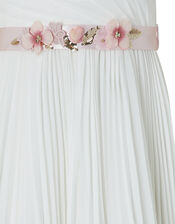 Marbella Pleated Maxi Dress with Floral Belt, Ivory (IVORY), large