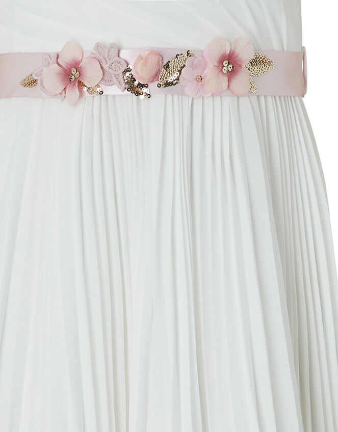 Marbella Pleated Maxi Dress with Floral Belt, Ivory (IVORY), large