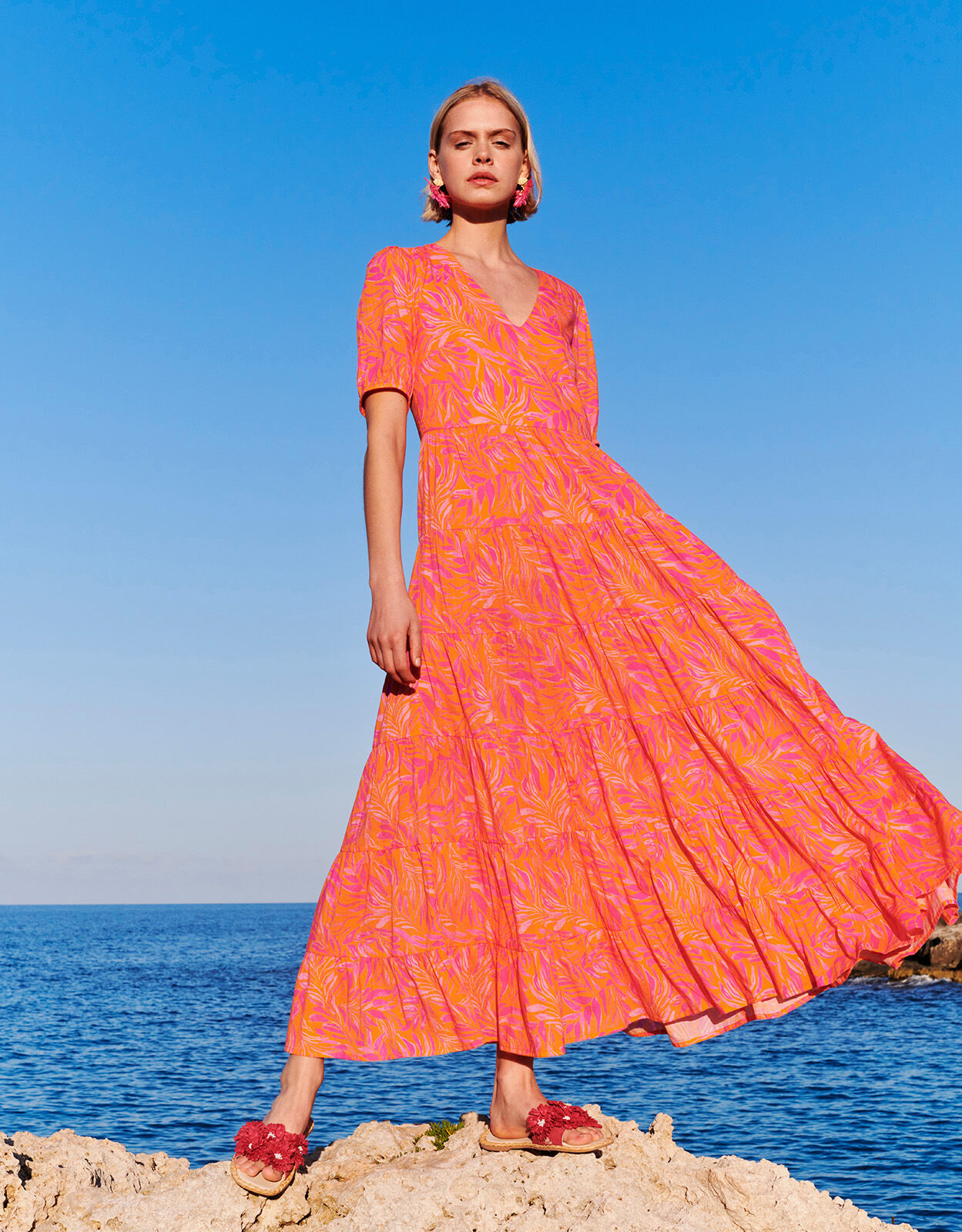 Tiered Leaf Print Maxi Dress Orange
