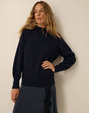 Suzy Knitted Lace Satin Midi Dress, Blue (NAVY), large