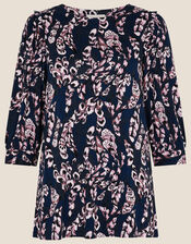 Feather Print Long Sleeve Top, Blue (NAVY), large