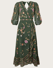 Christel Embroidered Wrap Dress in Recycled Polyester, Green (GREEN), large