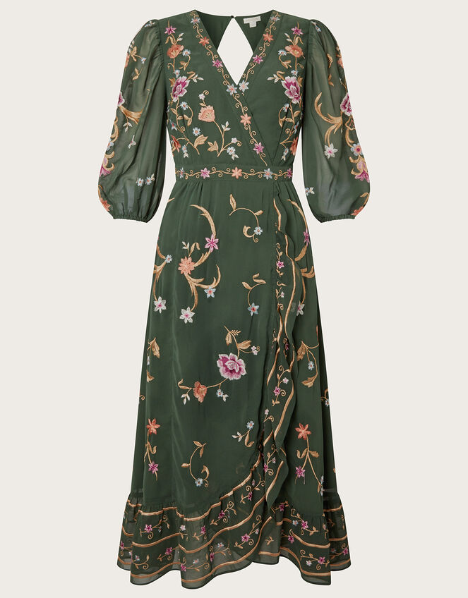 Christel Embroidered Wrap Dress in Recycled Polyester, Green (GREEN), large