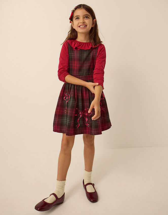 Frill Top & Tartan Pinafore Dress Set, Red (BURGUNDY), large