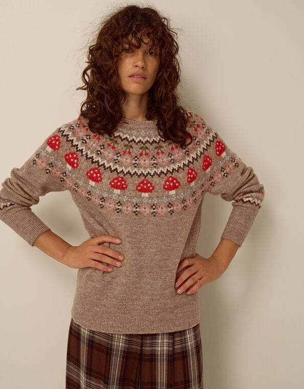 Mia Mushroom Fair Isle Jumper, Mink (MINK), large