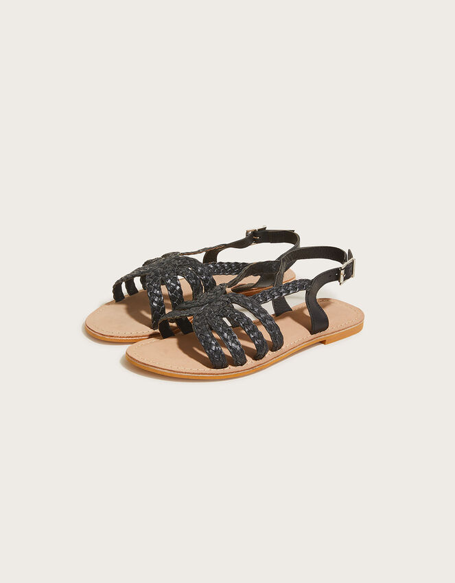 Plaited Leather Sandals, Black (BLACK), large