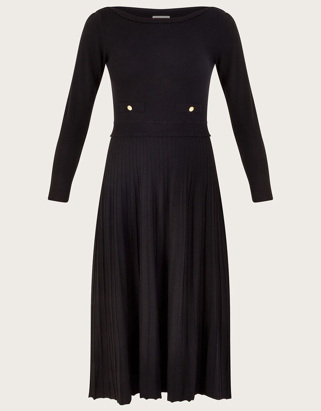 Pleat Trim Slash Neck Midi Dress with Lenzing™ Ecovero™ Black