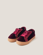 Glitter Velvet Trainers, Red (BURGUNDY), large