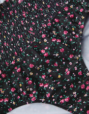 Ditsy Floral Smocked Bikini Set, Black (BLACK), large