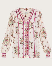 Floral Print V-Neck Top, Ivory (IVORY), large