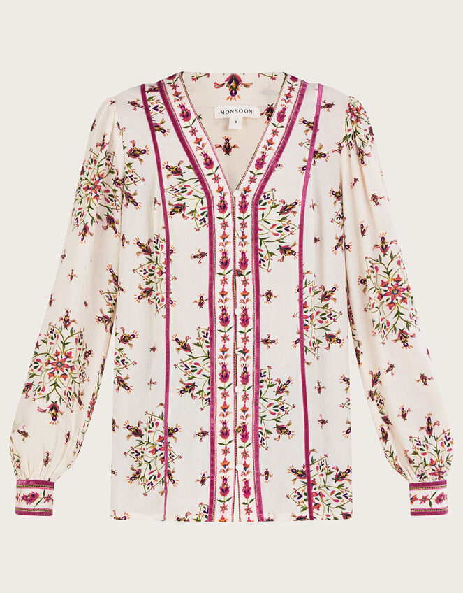 Floral Print V-Neck Top, Ivory (IVORY), large