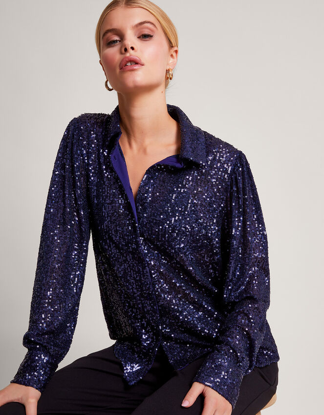 Megan Sequin Shirt, Navy (PURPLE), large