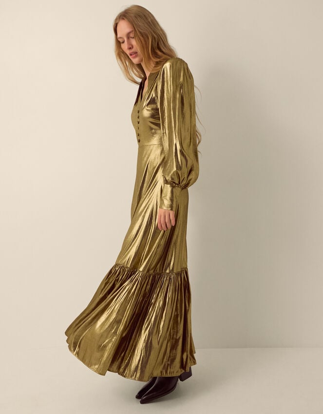 Monsoon x Queens of Archive Bianca Pointed Collar Metallic Maxi Dress​, Gold (GOLD), large