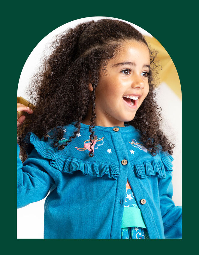 Frugi Embroidered Fairy Ruffle Cardigan, Blue (BLUE), large