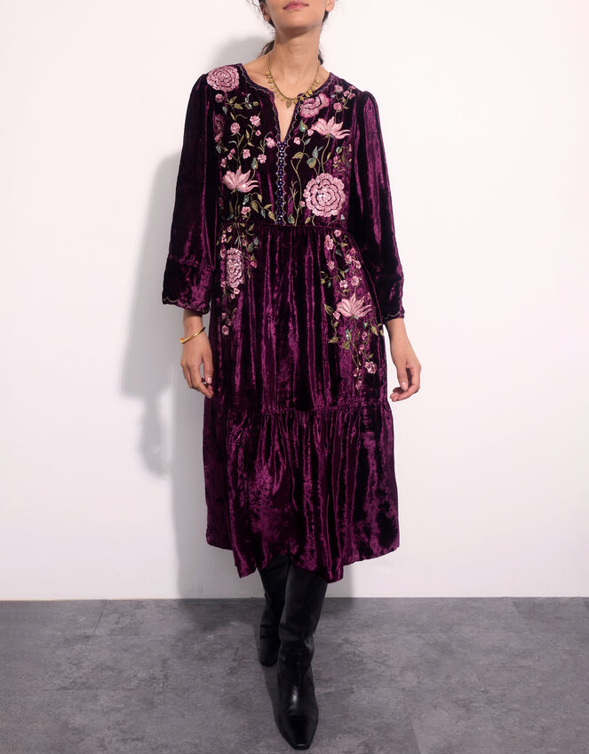 East Katlin Floral Embroidered Velvet Dress, Red (BERRY), large