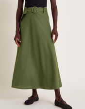 Olive Belted Midi Skirt, Green (KHAKI), large