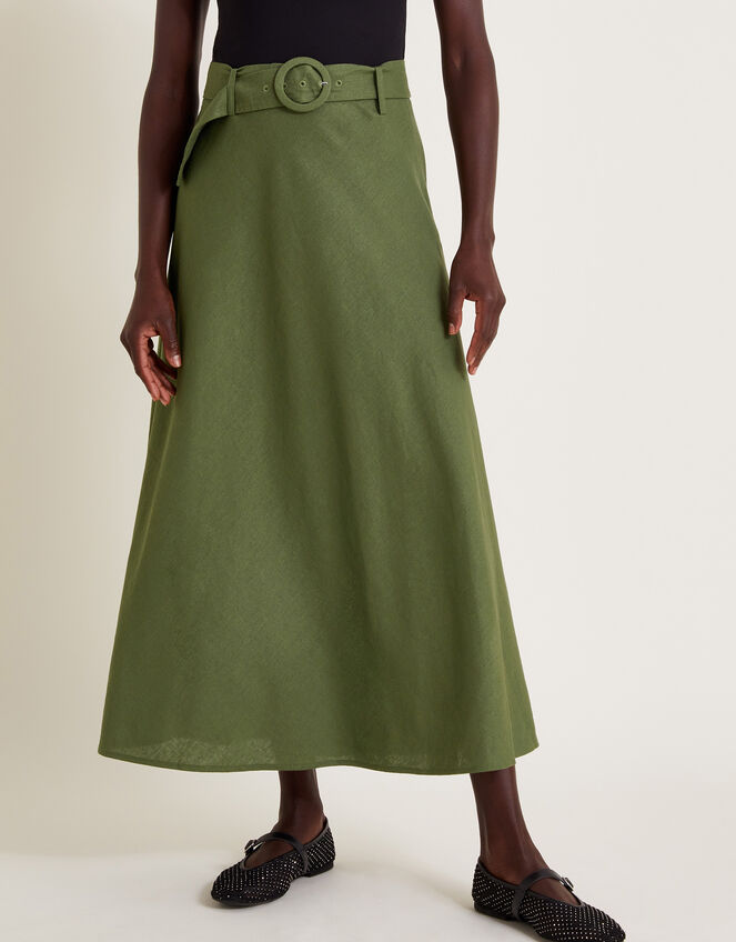 Olive Belted Midi Skirt, Green (KHAKI), large