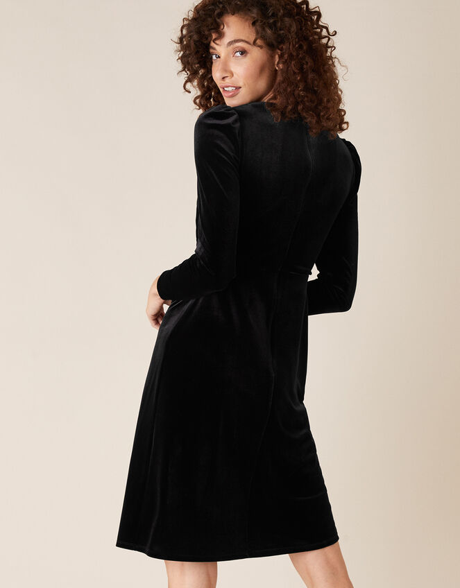 Hannah Crystal Brooch Stretch Velvet Dress, Black (BLACK), large