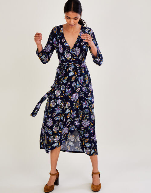 Ribbed Jersey Floral Wrap Dress, Blue (NAVY), large