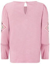 Crochet Insert Long Sleeve Top in Organic Cotton, Pink (DUSKY PINK), large