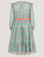 Ditsy Floral Print Belted Dress, Green (GREEN), large