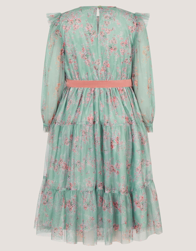 Ditsy Floral Print Belted Dress, Green (GREEN), large
