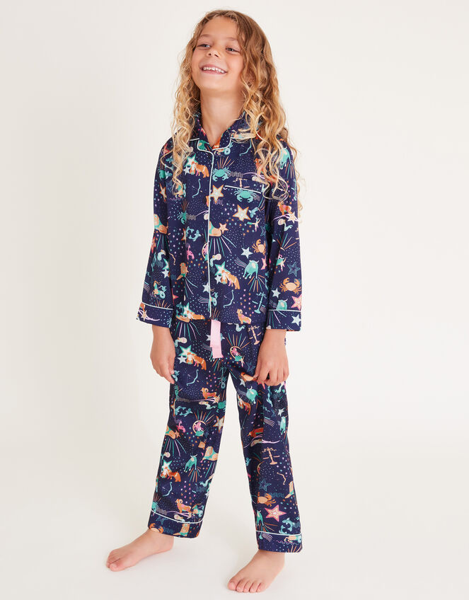 Zodiac Print Satin Pyjama Set, Blue (NAVY), large
