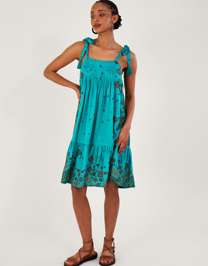 Tile Print Pintuck Mini Dress, Blue (TURQUOISE), large