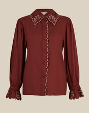 Holly Floral Embroidered Scallop Shirt, Red (BURGUNDY), large
