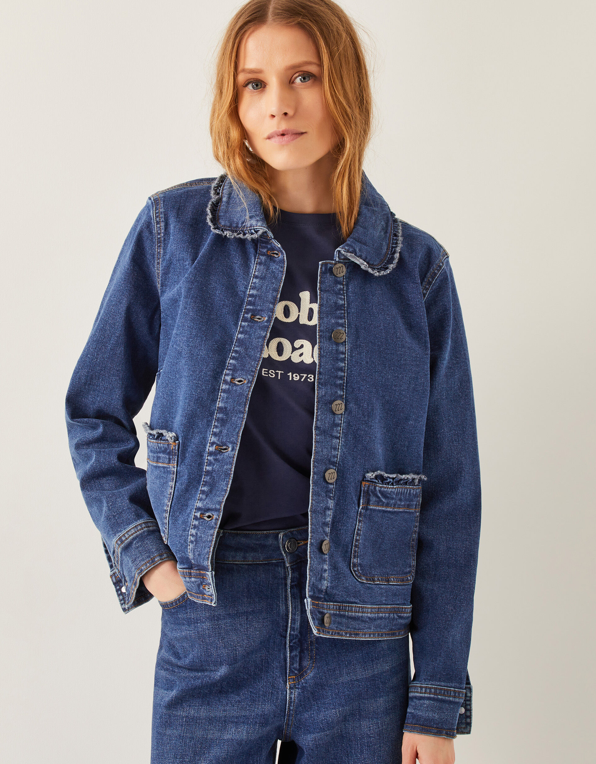 Sadie Ruffle Denim Jacket Blue | Women's Jackets | Monsoon UK.