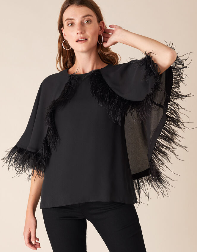 Fiammetta Feather Cape Top, Black (BLACK), large