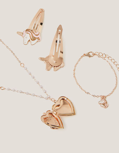 Unicorn Heart Locket Necklace & Hair Clips Set, , large