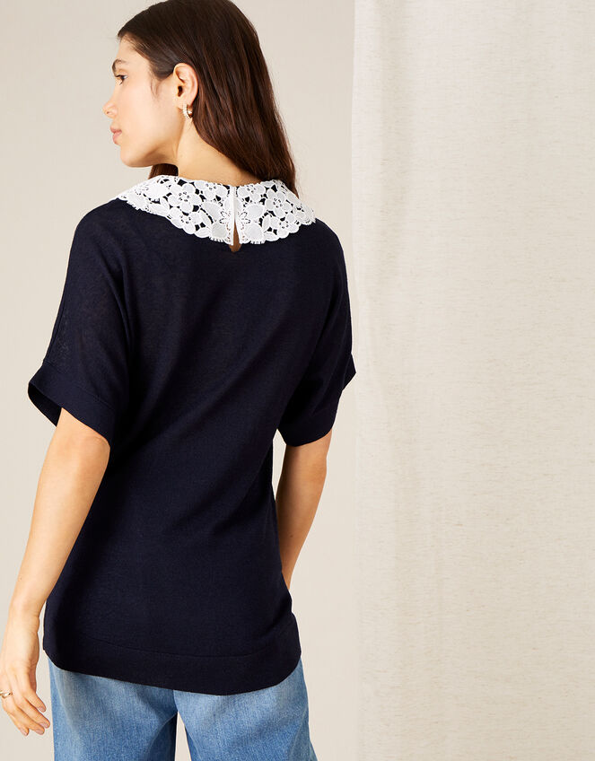 Short Sleeve Collar Jumper in Linen Blend, Blue (NAVY), large