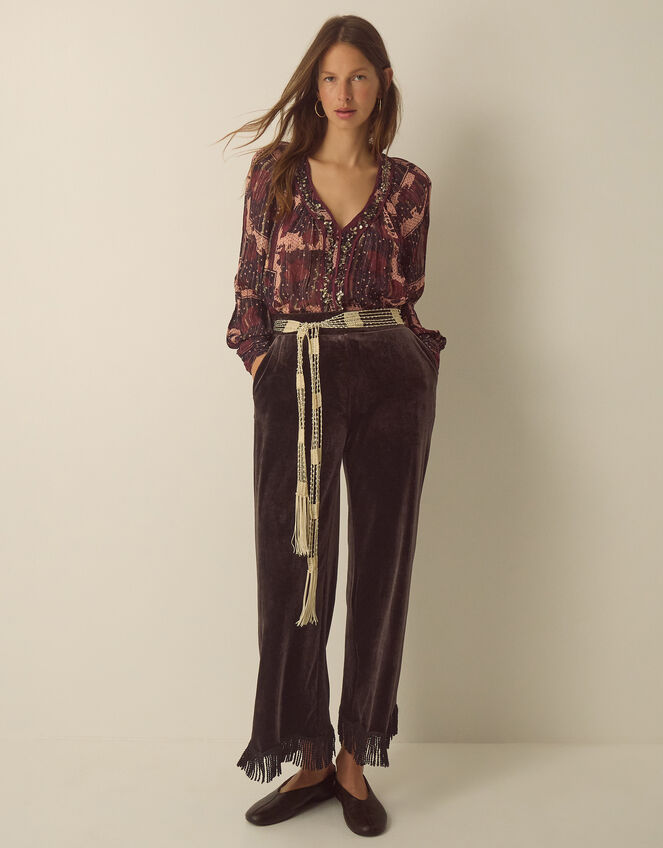 Poppy V-Neck Embellished Patchwork Blouse, Red (BURGUNDY), large
