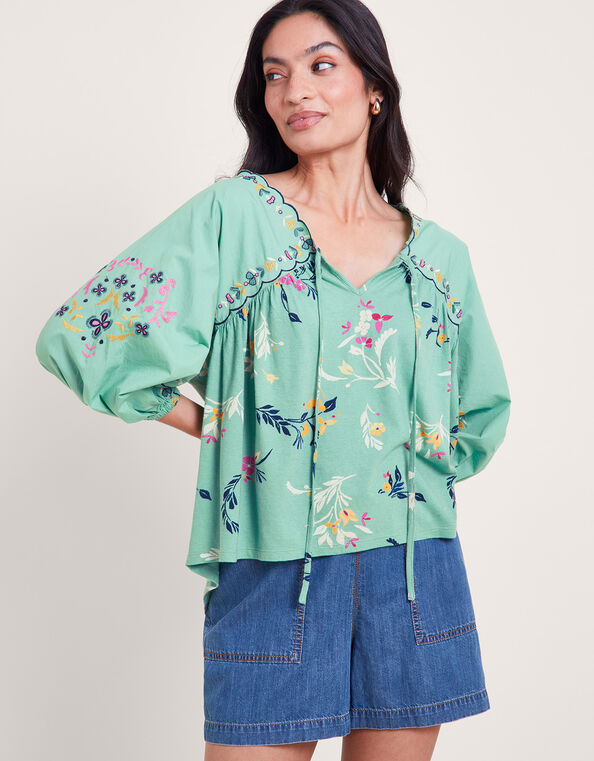 Maya Floral Embroidered Top, Green (GREEN), large