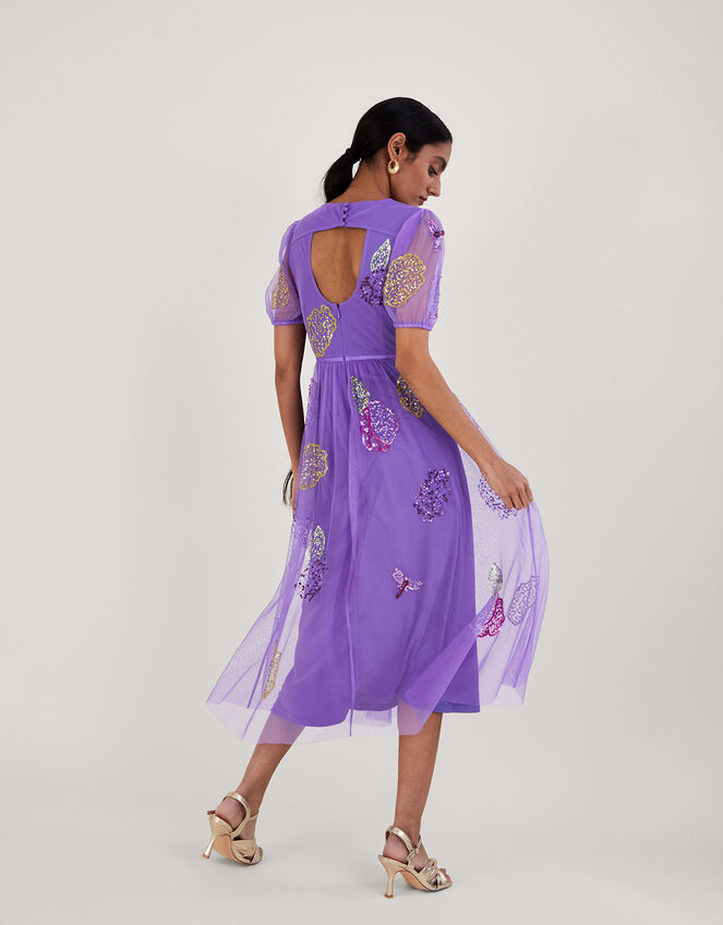 Diana Embellished Tea Dress in Recycled Polyester Purple Evening