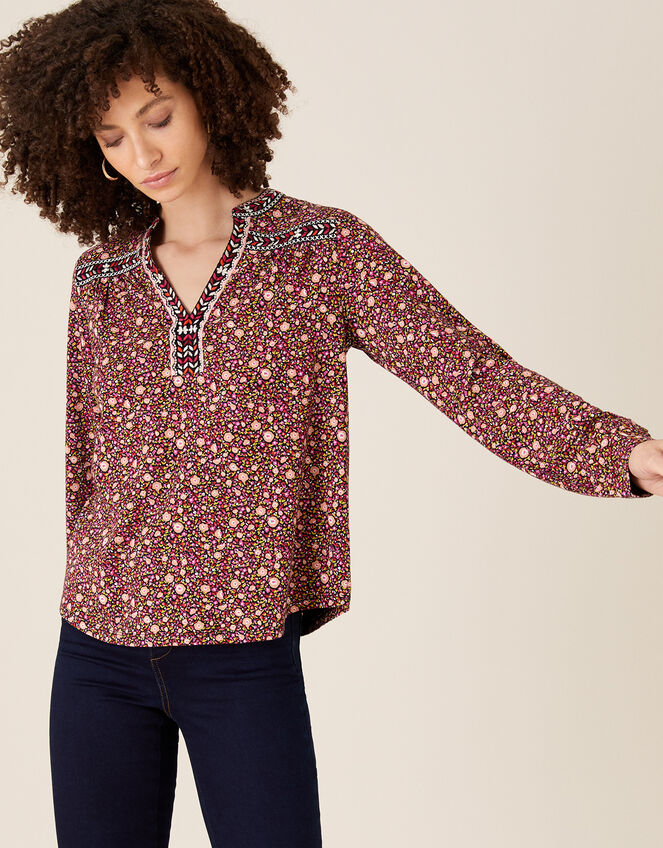 Embroidered Trim Floral Blouse, Red (RED), large