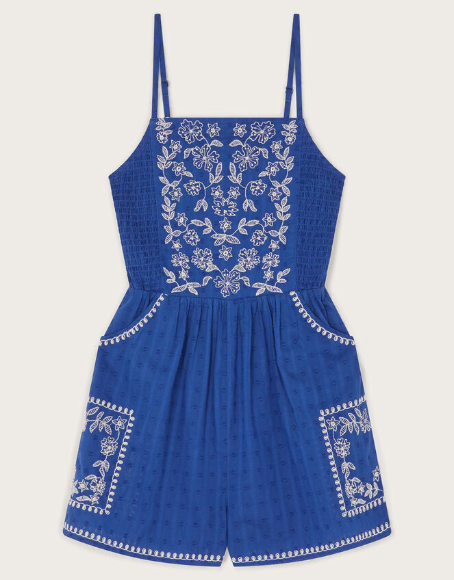 Floral Embroidered Strappy Playsuit, Blue (BLUE), large