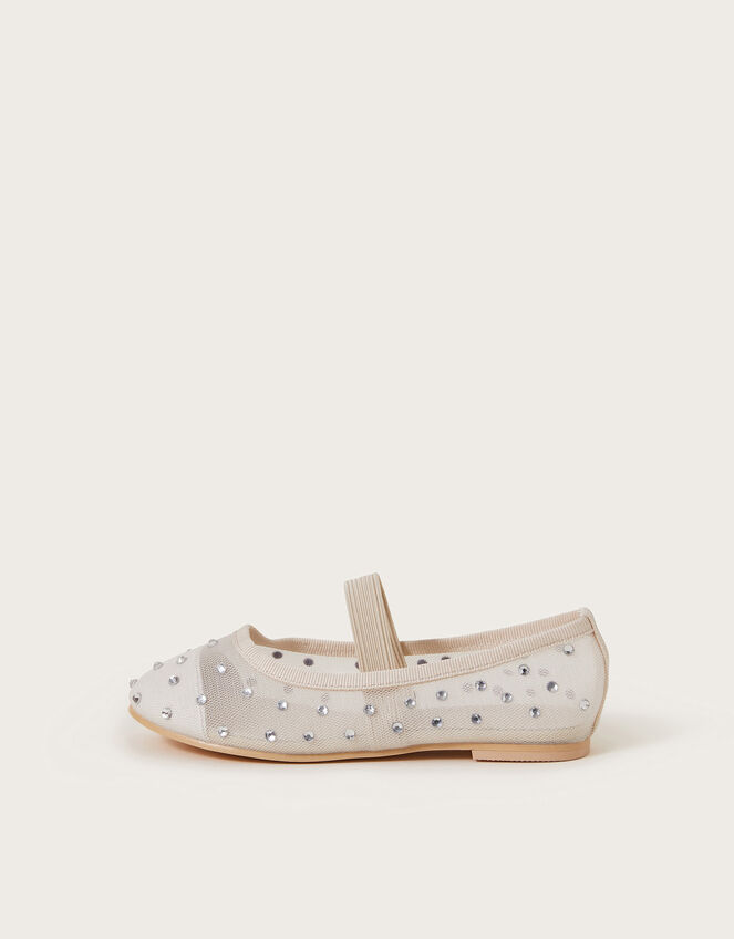 Diamante Mesh Ballerina Flats, Ivory (IVORY), large
