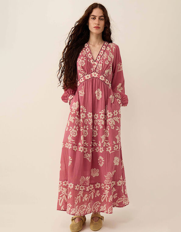 East Kris Hand-Batik Floral Print V-Neck Maxi Dress, Pink (DUSKY PINK), large