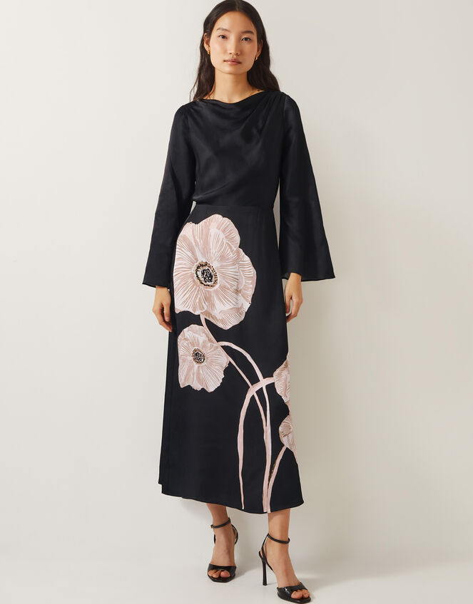 Molly Floral Print Satin Dress, Black (BLACK), large