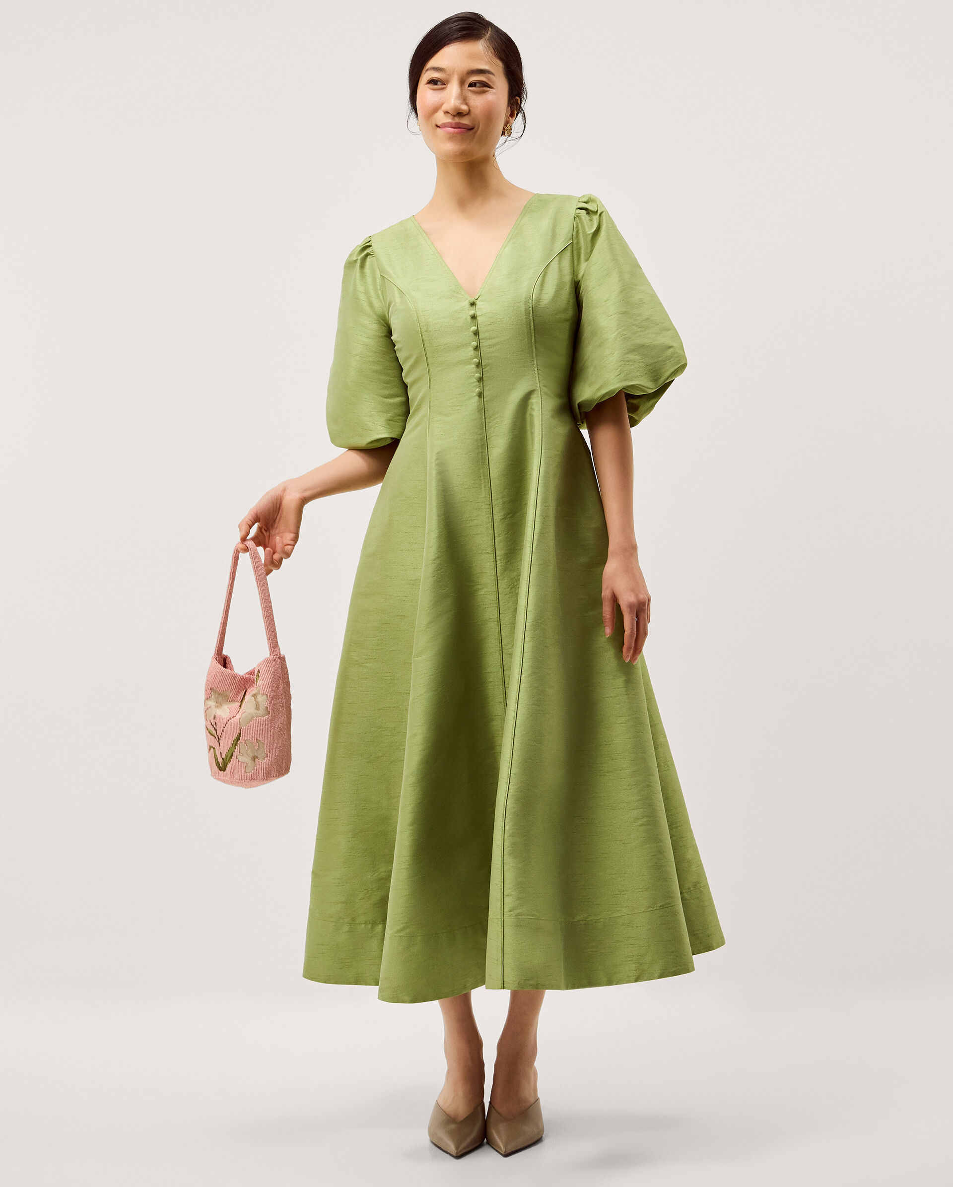 Beatrice Puff Sleeve A-Line Midi Dress Green