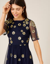 Susan Sequin Sunflower Midi Dress, Blue (NAVY), large