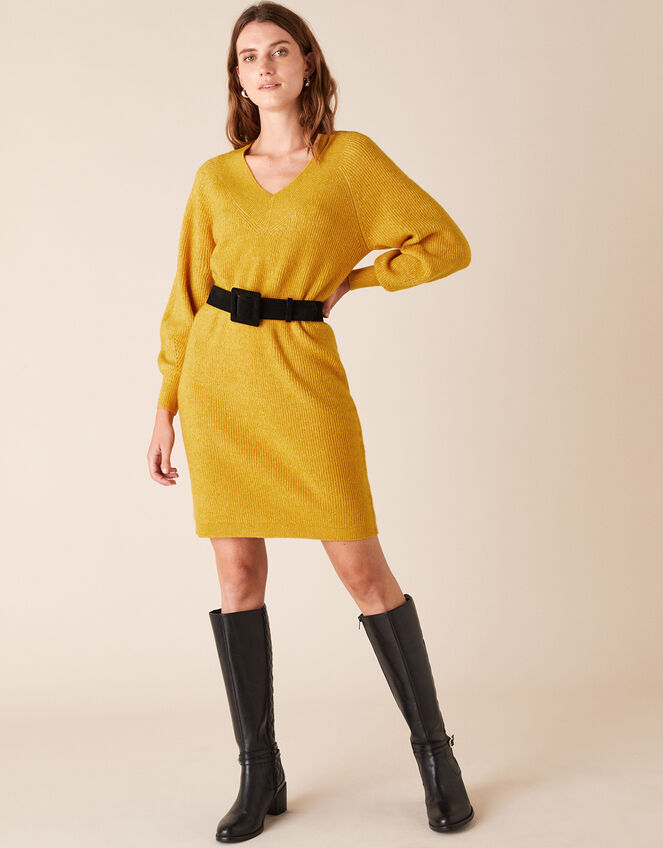 Ribbed Knit Dress, Yellow (OCHRE), large