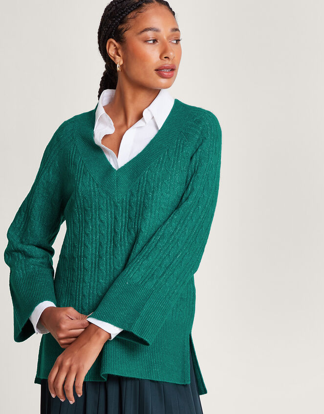 V-Neck Cable Longline Jumper, Green (GREEN), large