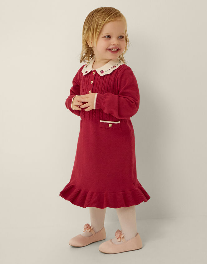 Baby Embroidered Cable Knit Dress, Red (BURGUNDY), large