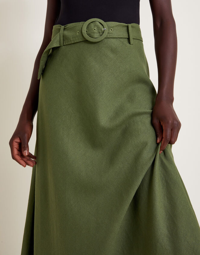 Olive Belted Midi Skirt, Green (KHAKI), large